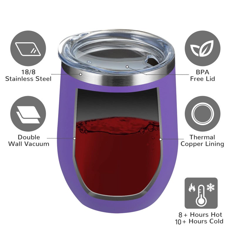 MEWAY Stemless 12oz Wine Tumbler Glasses with Lid -Insulated Double Wall Vacuum Stainless Steel Travel Tumbler with Straw,for Woman Under 10 dollars (Purple,1) - Image 3